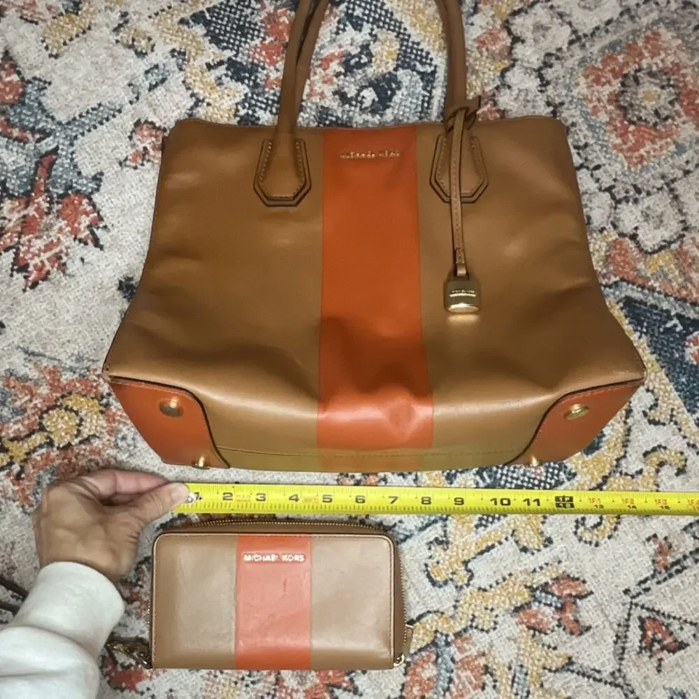 Michael Kors Mercer Colorblock Tote Wallet Set Tan Orange Center Stripe Leather